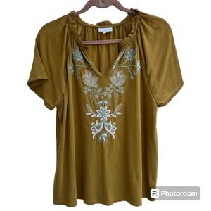 J. Jill Embroidered Peasant Boho Top Size‎ XS Mustard Gold Flutter Sleeve